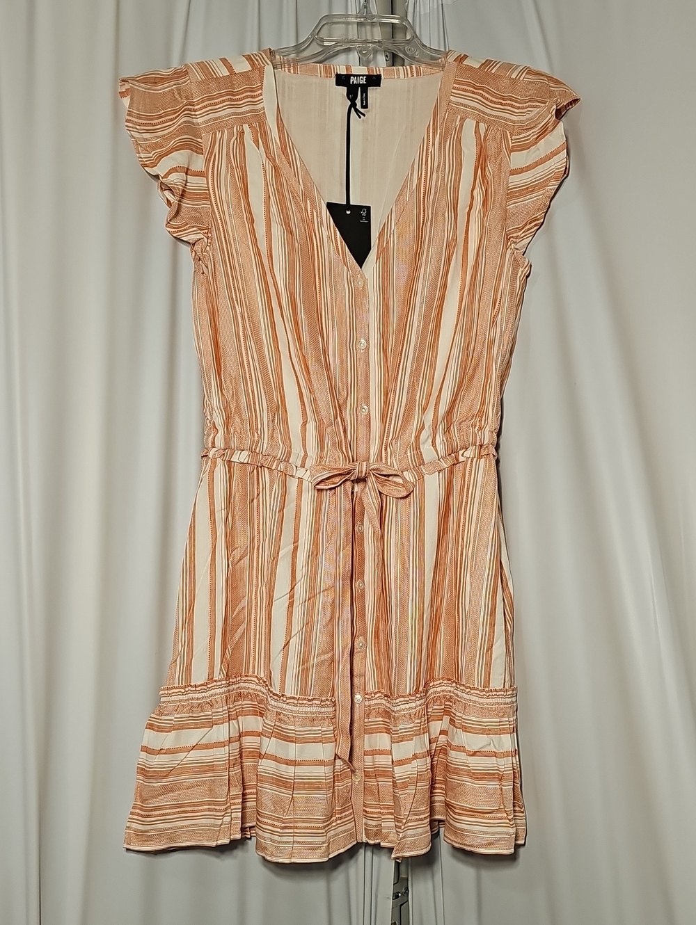 PAIGE Saralynn Ivory & Cinnabar Striped Button-up Cap Sleeve Mini Dress